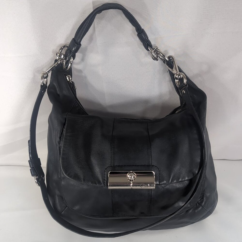 Coach 16787 Kristin Leather Shoulder Bag Purse Black Silver Convertible Hobo